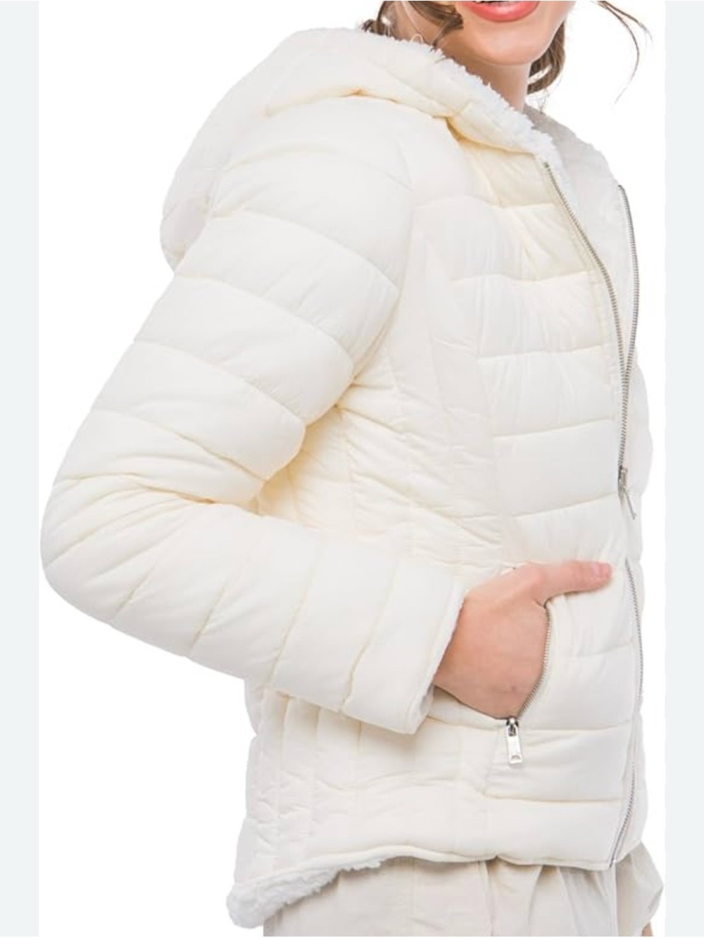 CC CULTURE COUTURE Hooded Fleece Cream Quilted Puffer Jacket